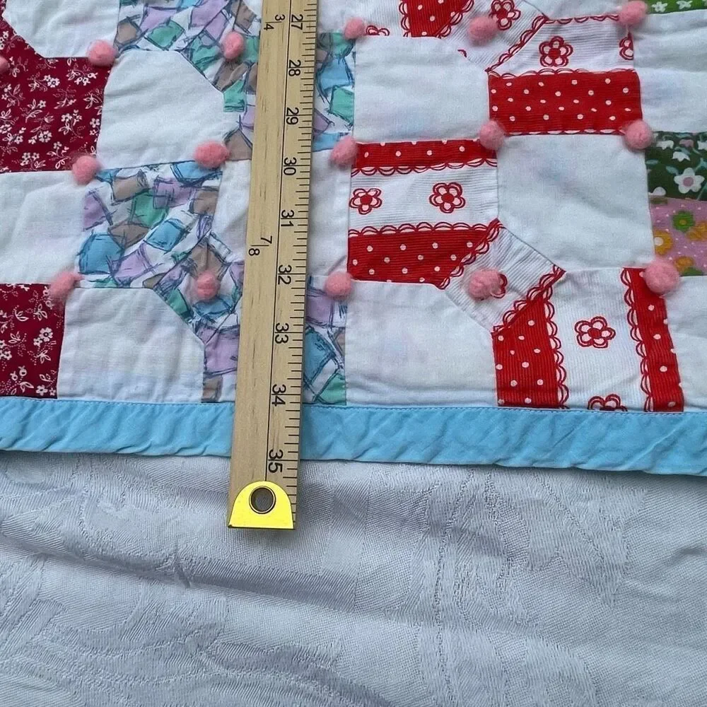 Vintage patchwork with Pom Pom baby blanket 35”X 52”